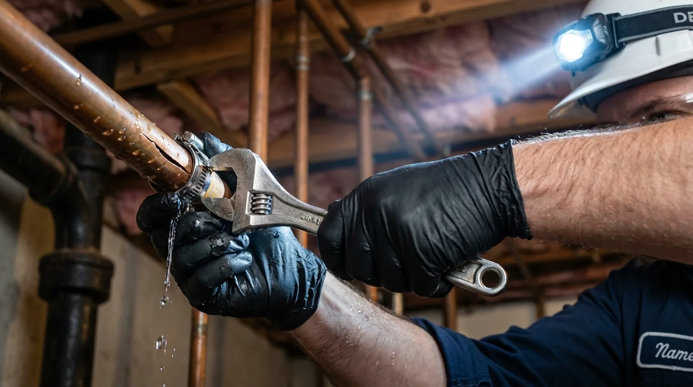 Emergency pipe clamp repair being performed by a Johns Plumbing LLC plumber in Alton